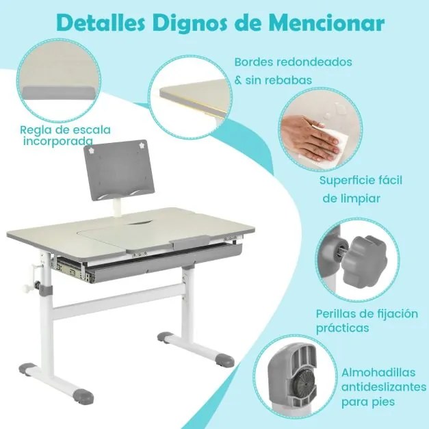 Secretária infantil Mesa de estudo ajustável em altura 80,5 cm x 51,5 cm x 50,5-72,5 cm cinzenta