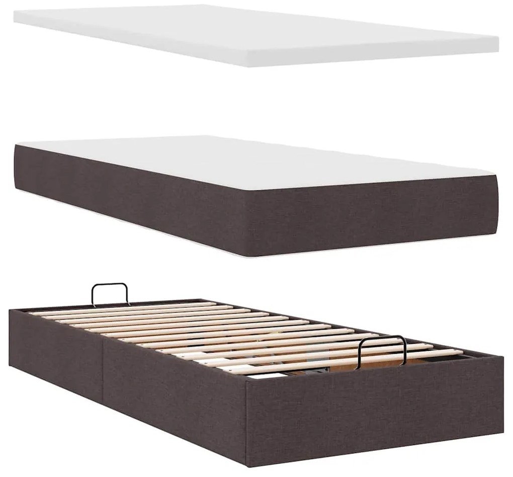 Cama otomana com colchão & LEDs 90x200cm tecido castanho escuro