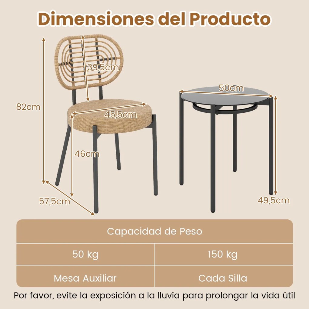 Conjunto jardim PE e Rattan 3 Peças com Mesa de Café em Vidro Temperado e 2 cadeiras para Varanda, Terraço e Pátio Caqui