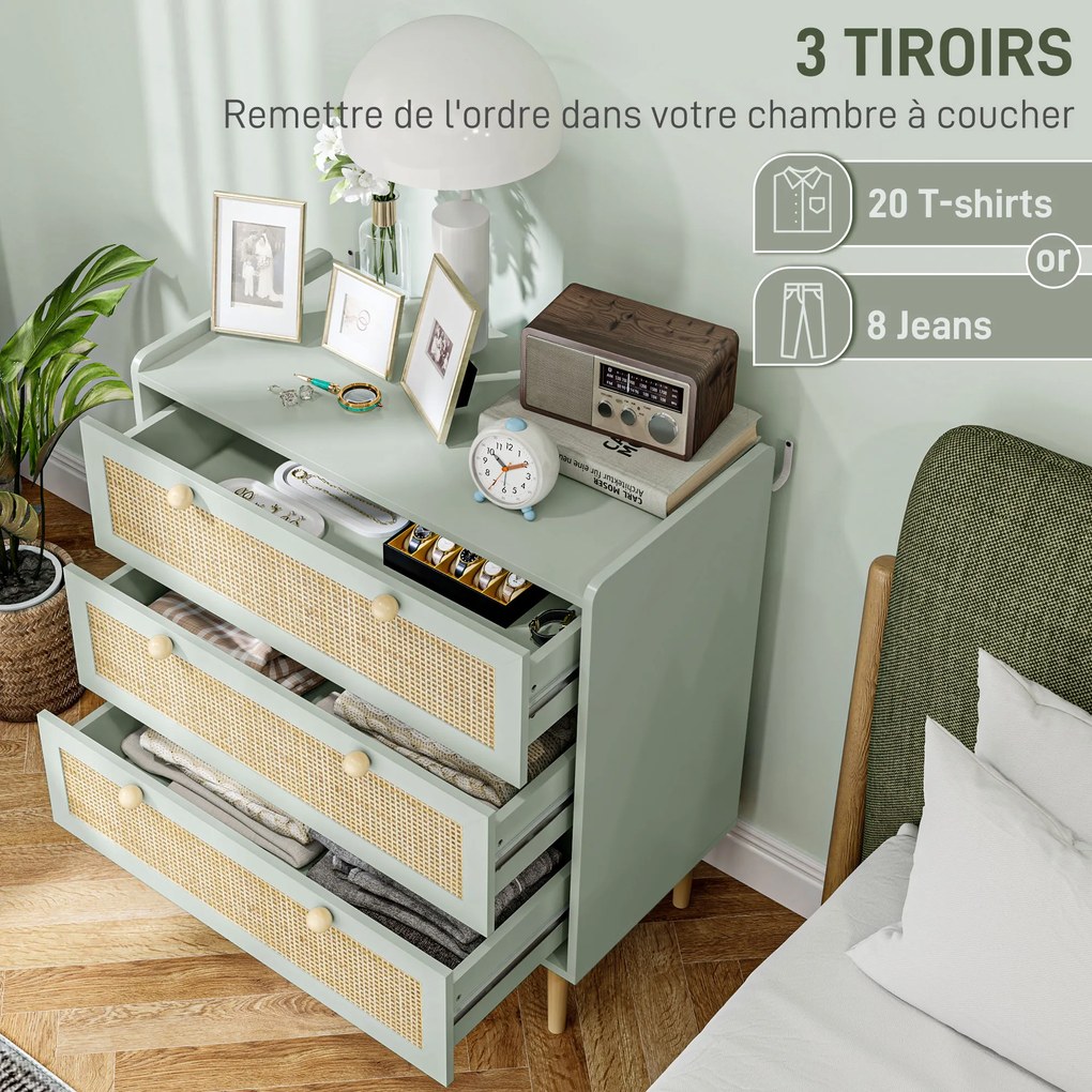 Cómoda de design boémio em vime com 3 gavetas 80C x 40L x 87,5A cm, móvel de arrumação para a sala de estar, o corredor ou a entrada, verde-oliva