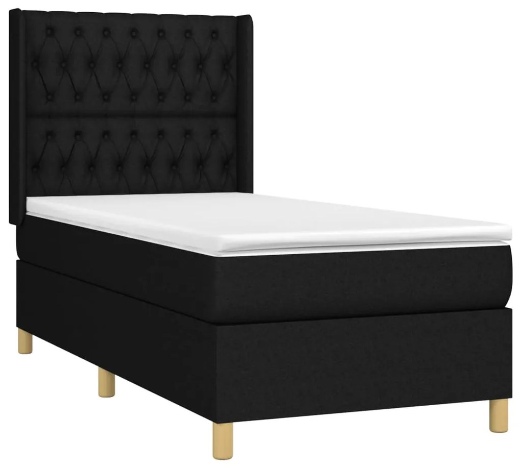 Cama box spring c/ colchão e LED 100x200 cm tecido preto