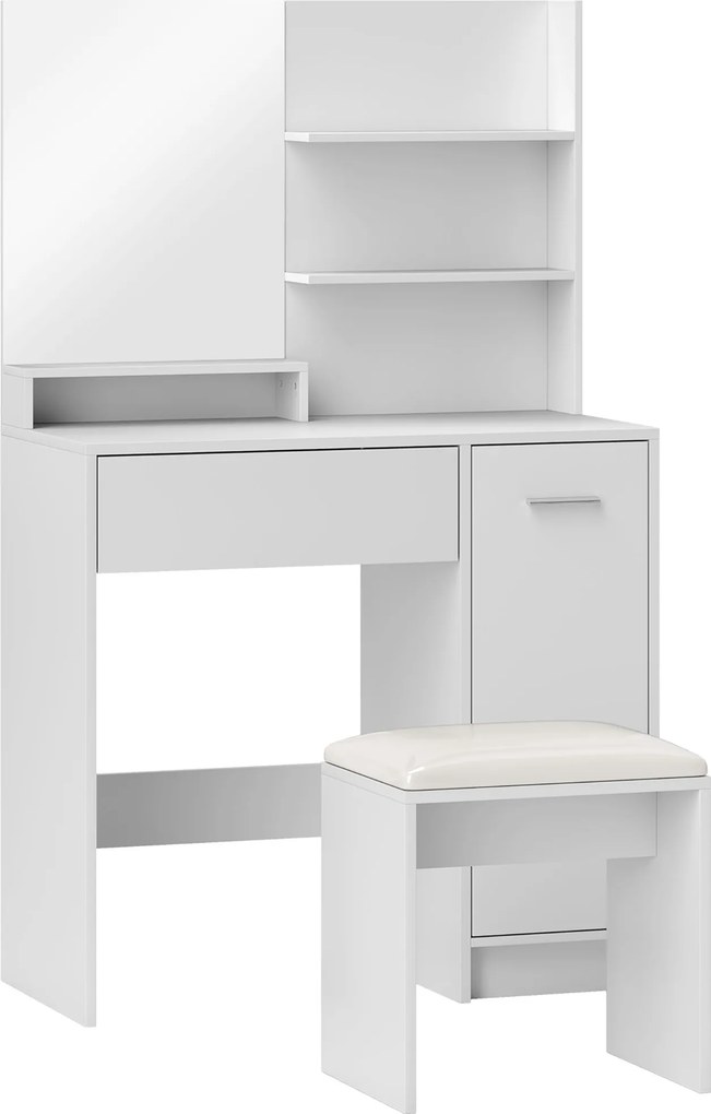 HOMCOM Toucador de Maquilhagem com Espelho e Banco Gaveta Armário com Prateleira Ajustável para o Quarto 80x40x132 cm Branco | Aosom Portugal