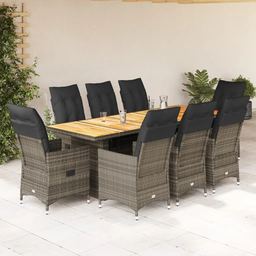 9 pcs conjunto bistrô de jardim c/ almofadões vime PE cinzento