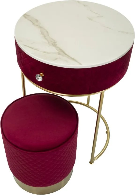 MESA DE CABECEIRA/TOCADOR COM PUFF Ø 52x70 - 36x39 CM VERMELHO E DOURADO