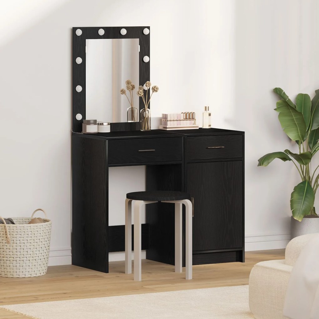 Conjunto de Mesa de Toucador 2 Peças com LED de Carvalho Preto Engenha