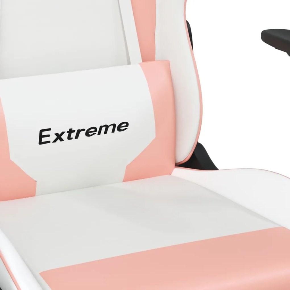 Cadeira gaming com apoio p/ pés couro artificial branco e rosa