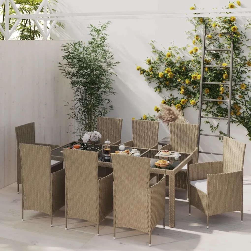vidaXL 9 pcs conjunto de jantar p/ exterior c/ almofadões vime PE bege