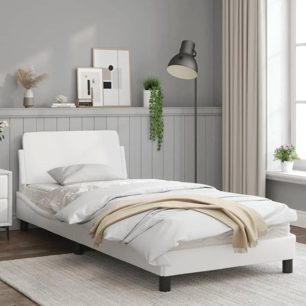 Estrutura de cama c/ cabeceira couro artificial 90x190cm branco