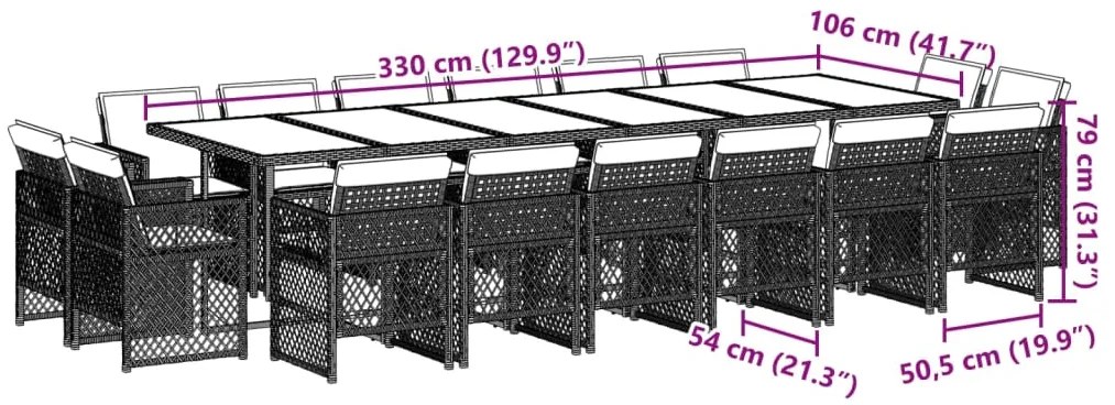 17 pcs conjunto jantar p/ jardim c/ almofadões vime PE castanho