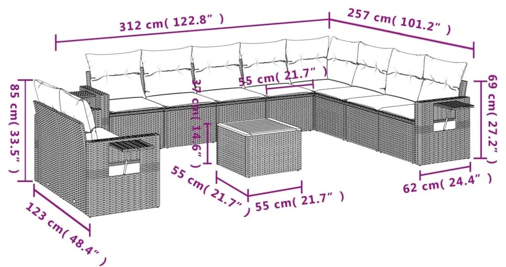11 pcs conjunto sofás de jardim c/ almofadões vime PE cinzento