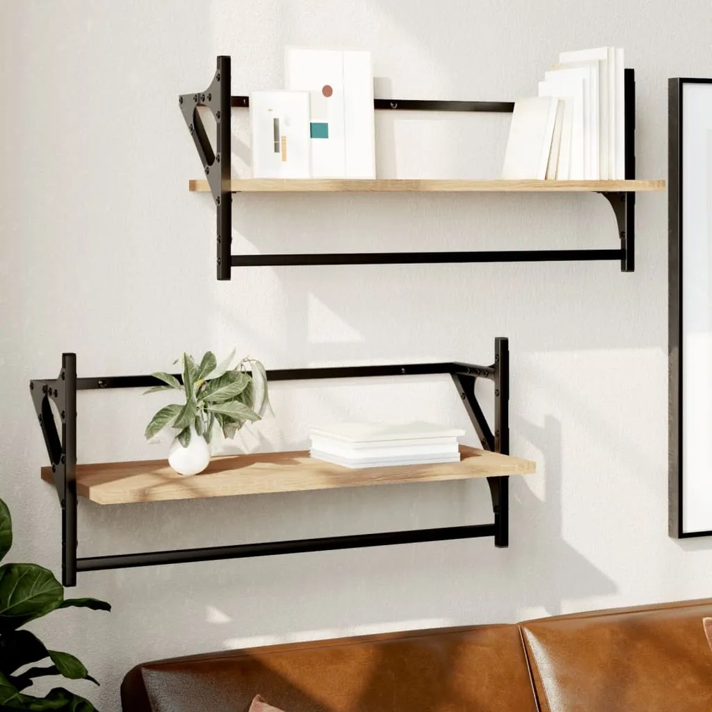 vidaXL Prateleiras de parede c/ barras 2pcs 65x25x30cm carvalho sonoma