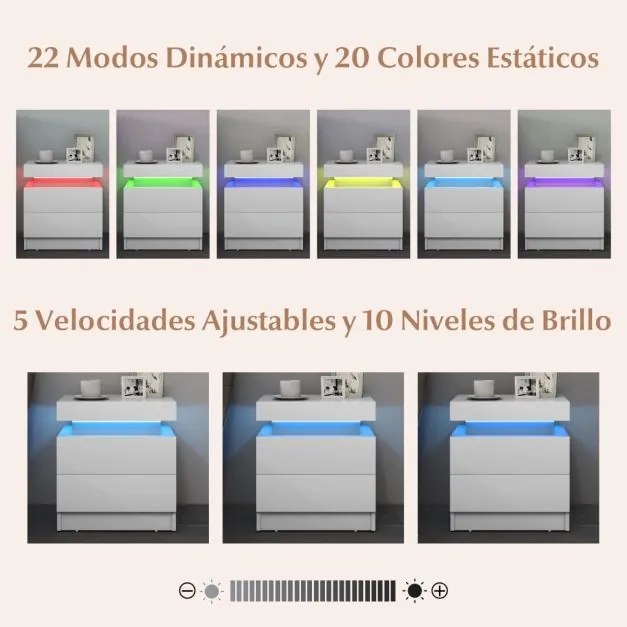 Mesa de cabeceira com luzes LED, 2 gavetas de arrumação, acabamento brilhante e textura de mármore branca