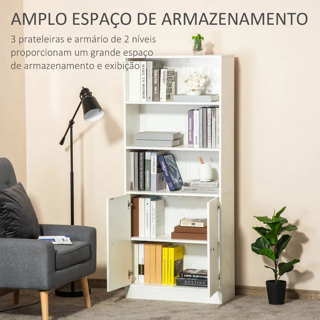 Estante para Livros com 3 Compartimentos Abertos e 1 Armário com Prateleira Ajustável Armazenamento para Sala de Estar Escritório 70x29,5x167 Branco