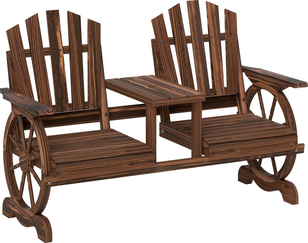 Outsunny Banco de jardim 2 lugares em madeira, resistente às intempéries, com orifício para guarda-sol, pernas em forma de roda de carroça 154 x 65 x 102 cm Carbonizado | Aosom Portugal