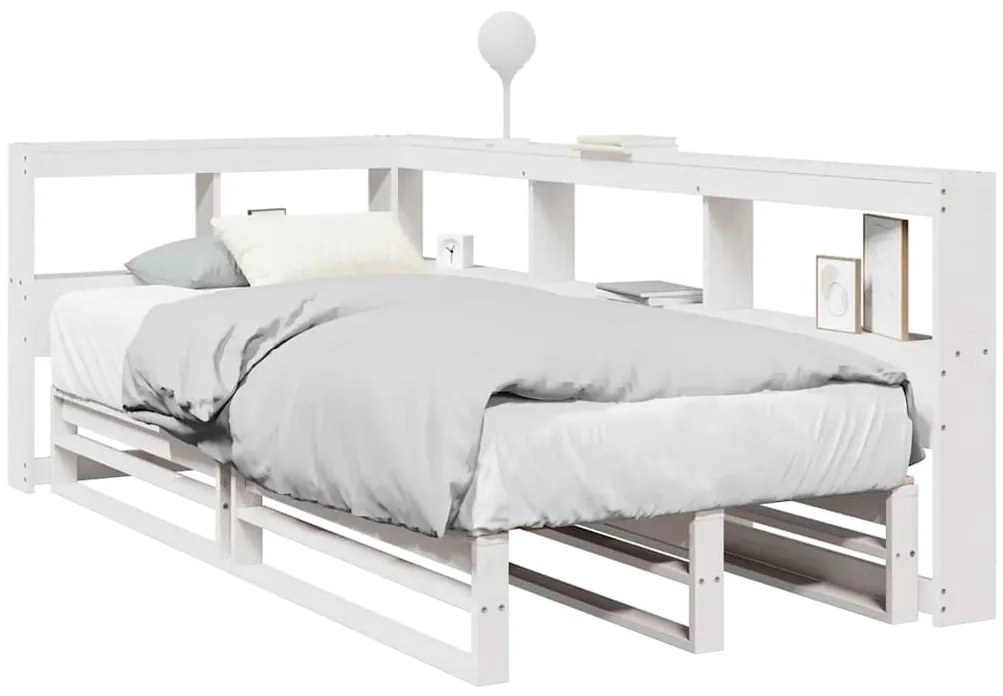 vidaXL Cama com estante sem colchão 90x200 cm pinho maciço branco