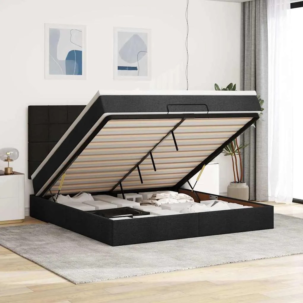 Estrutura de cama otomana com colchão 160x200 cm tecido preto