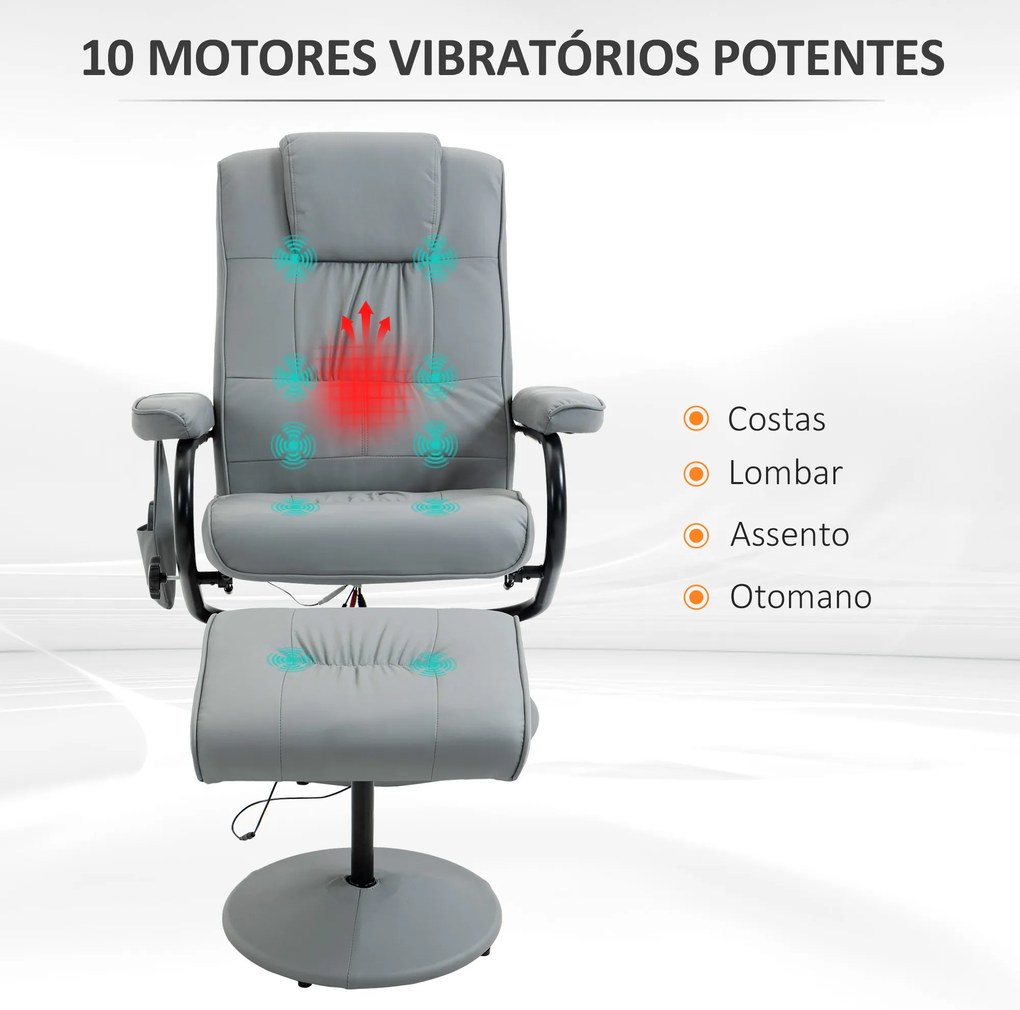 Poltrona de Massagem com Banco Poltrona Relax Giratório Reclinável 145° com 10 Pontos de Massagem 77x84x102 cm Cinza
