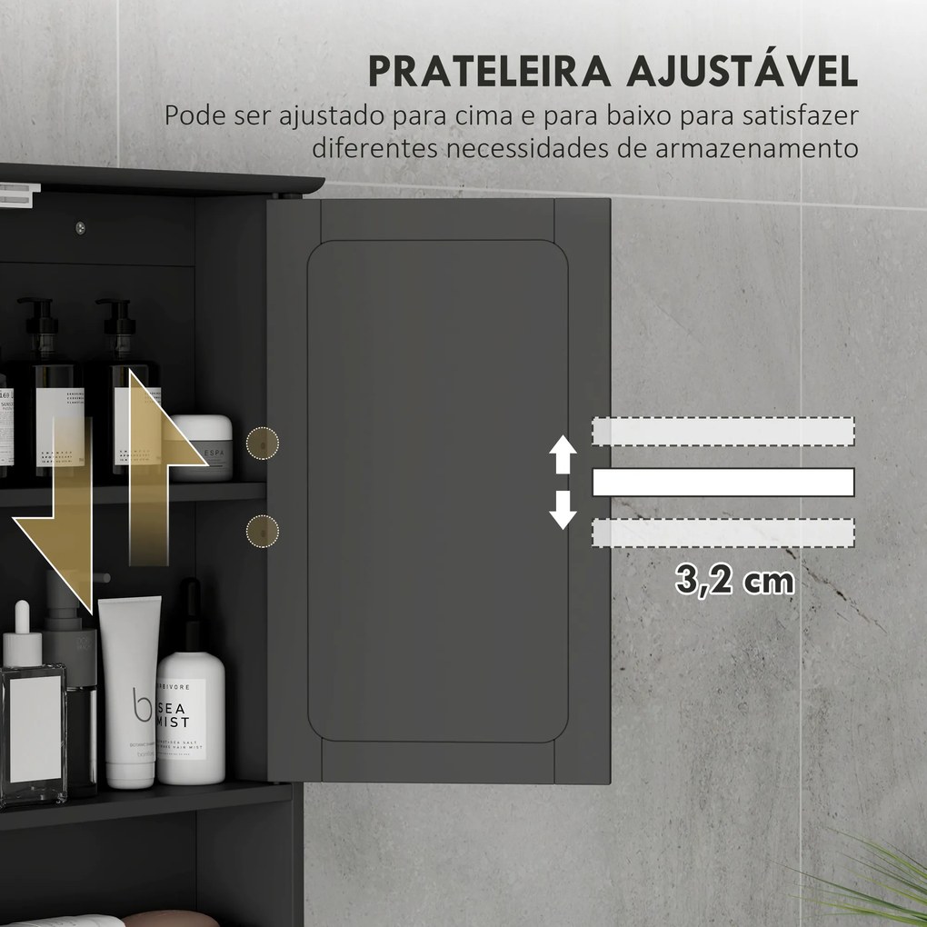 Armário de Casa de Banho com Espelho Armário de Parede com 2 Portas Prateleira Aberta e Ajustável 56x13x58cm Preto