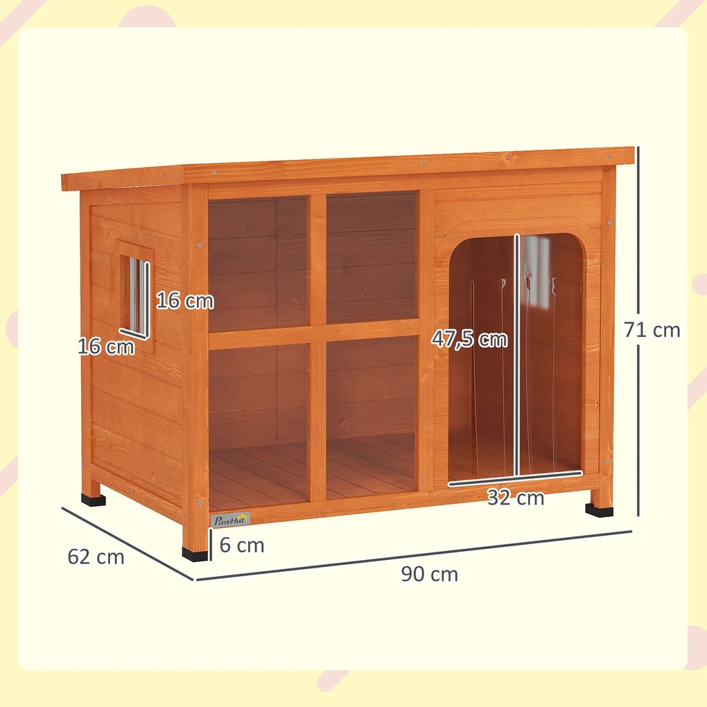 Casota para Cães de Exterior para Cães Pequenos Médios com Teto Asfáltico 2 Janelas Porta com Cortina Transparente e Base Amovível 90x62x71 cm Madeira