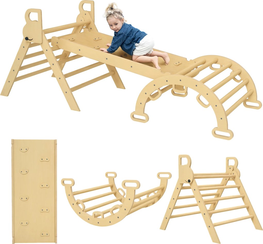 Triângulo de escalada 185 C x 66 L x 71 A cm infantil 5 em 1 com rampa de escalada reversível e balancé madeira natural
