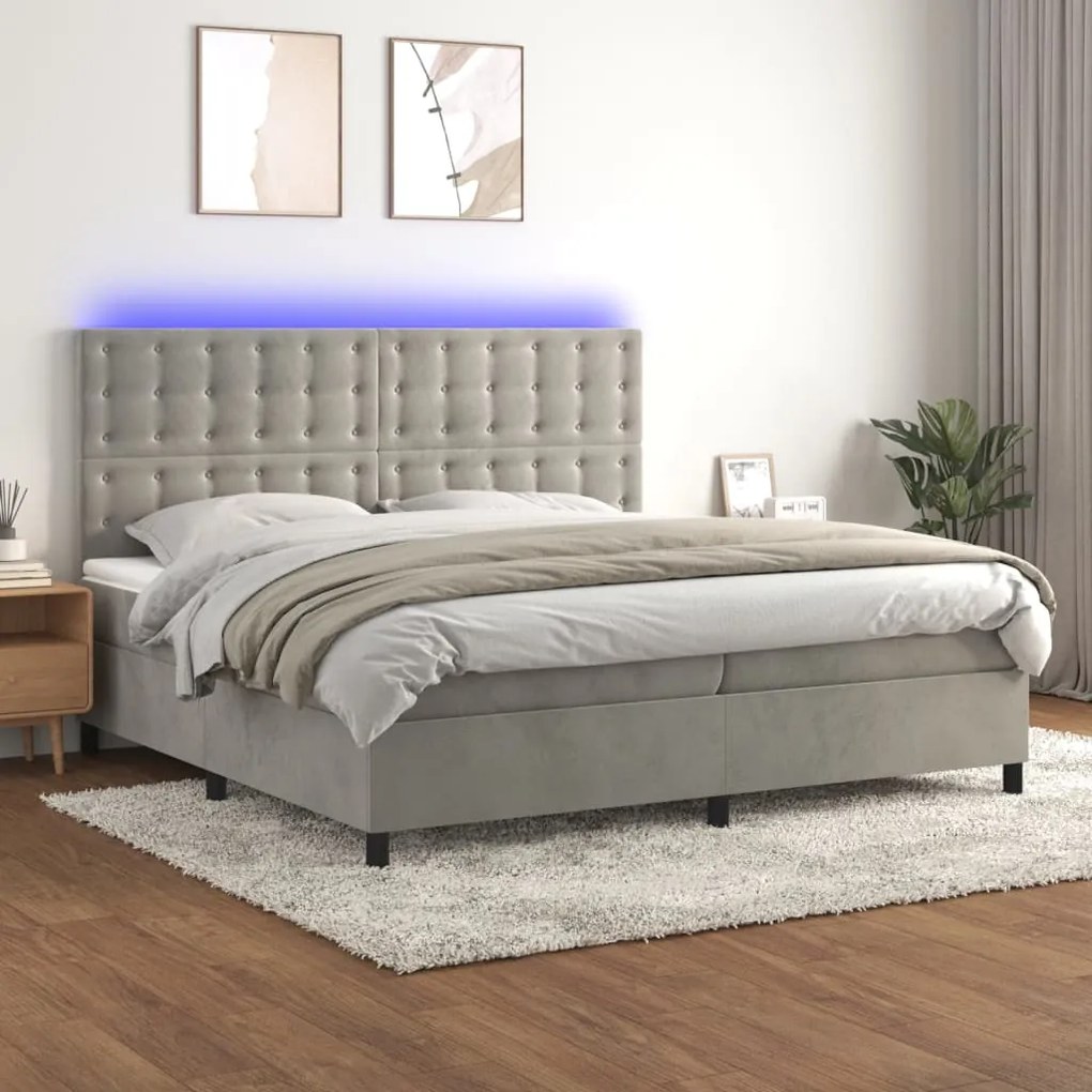 Cama box spring c/ colchão/LED 200x200 cm veludo cinzento-claro