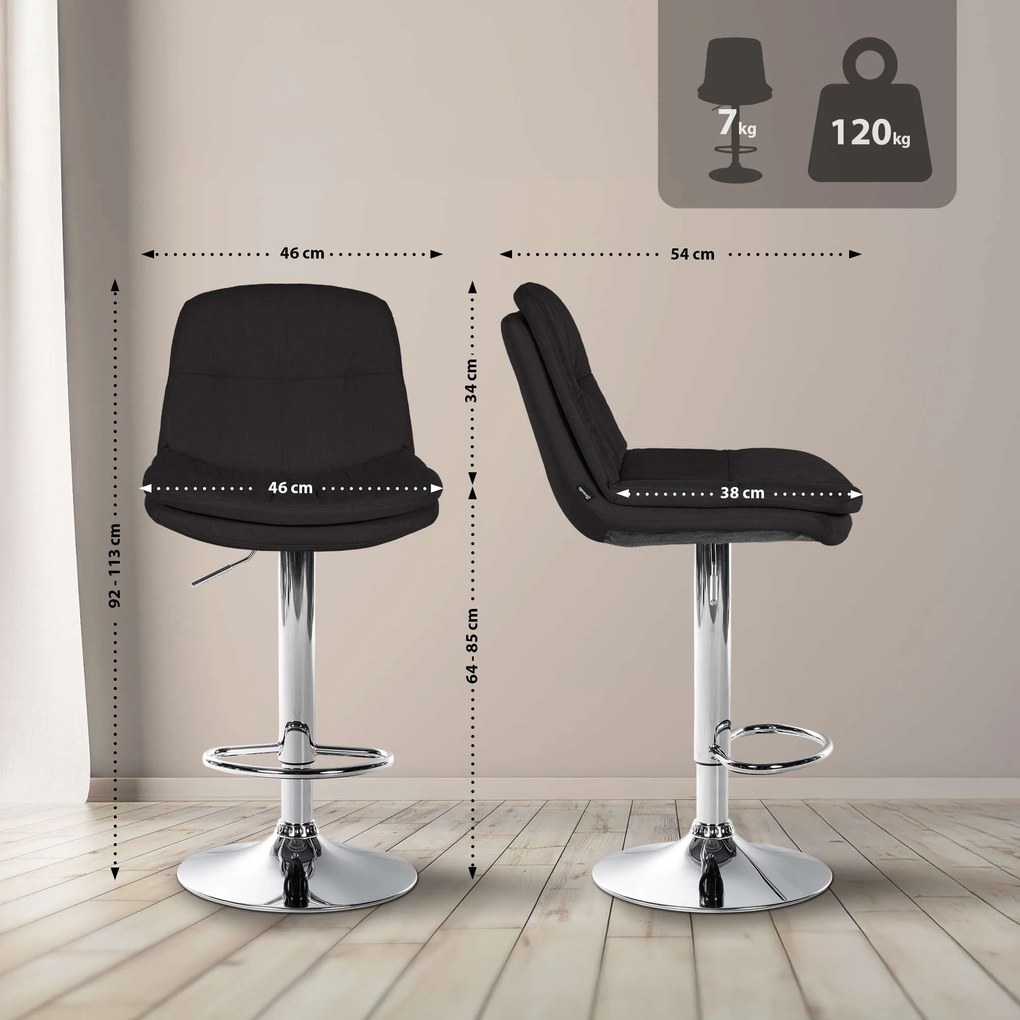 Banco de bar em tecido com estrutura prateada 92-113 x 46 x 54 cm preto