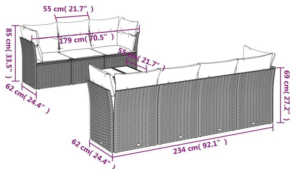 8 pcs conjunto sofás de jardim com almofadões vime PE preto