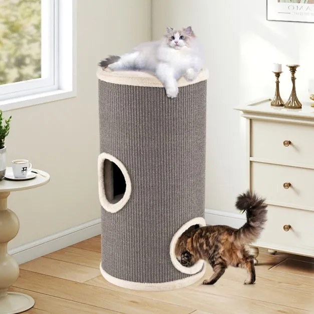 Casa para Gatos 4 Níveis 36 cm x 36 cm x 70 cm Design Multinível com Arranhador de Sisal Cama Acolchoada e Torre Barril Refúgio para Interior Cinza
