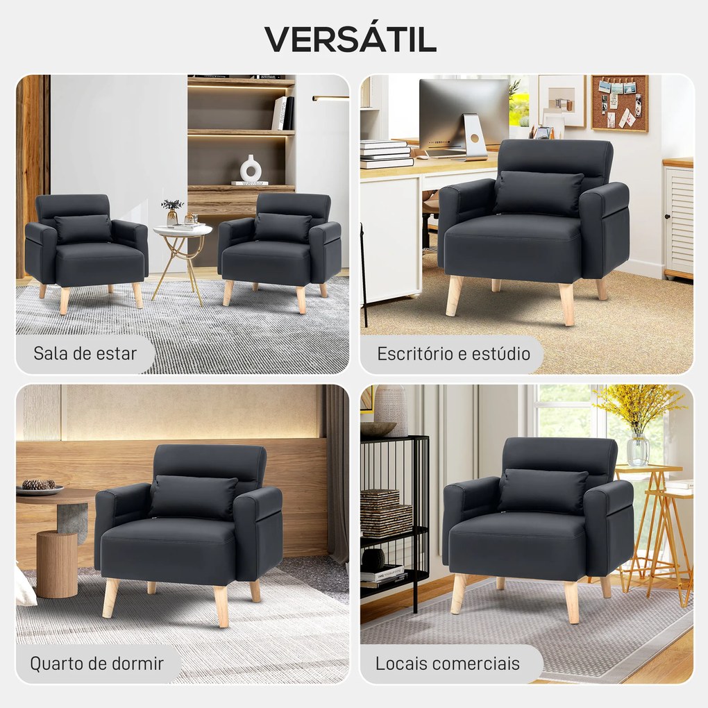 Poltrona Moderna Estofada em Couro Sintético com Apoios de Braço Acolchoados e Pés em Madeira 77x78x78 cm Preto