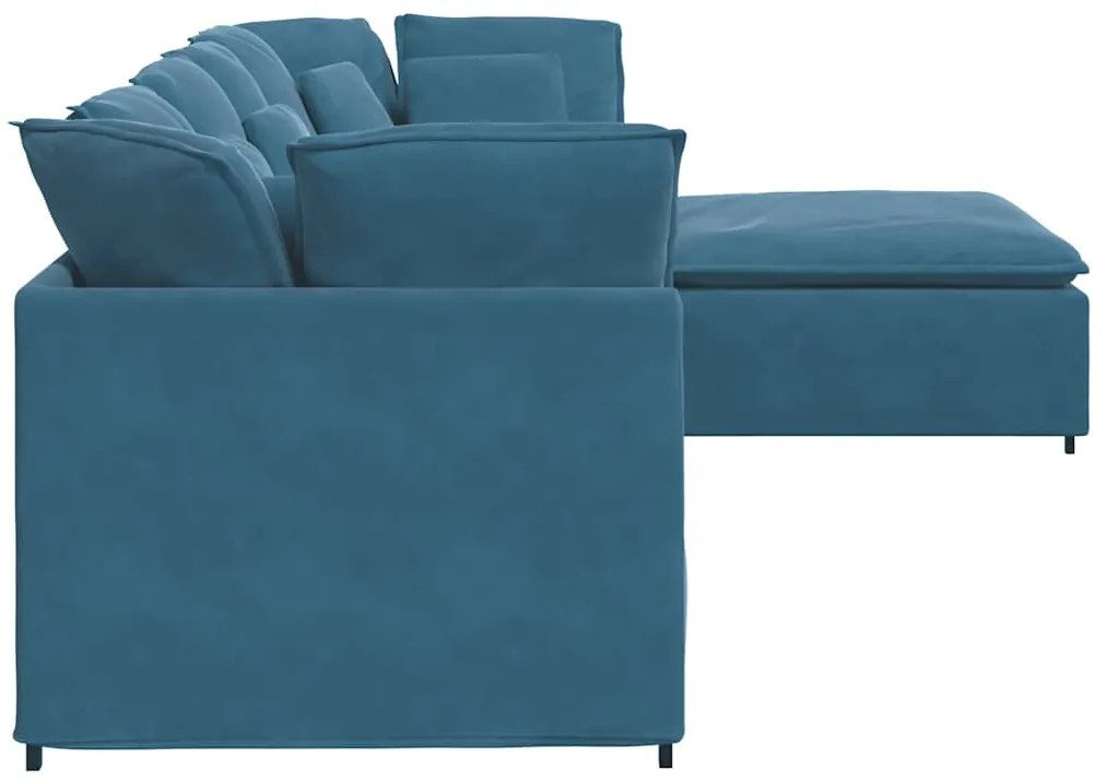Sofá modular com pufes e almofadas veludo azul
