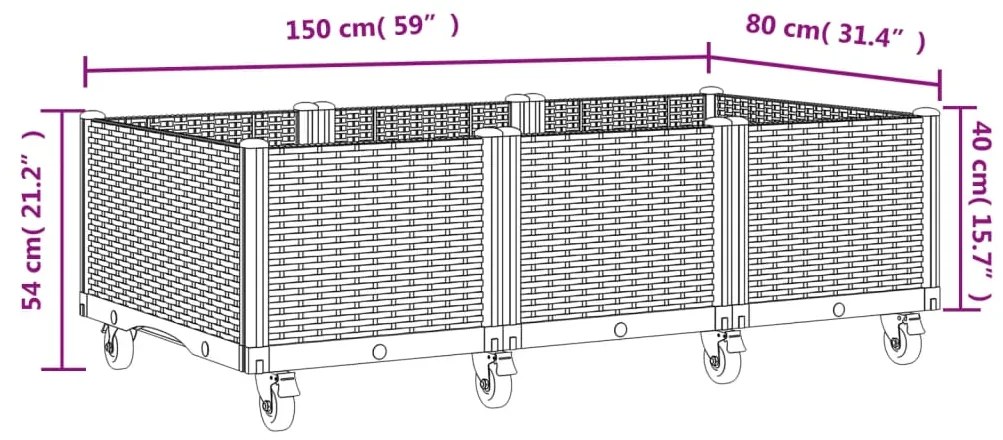 Vaso/floreira de jardim com rodas 150x80x54 cm PP castanho