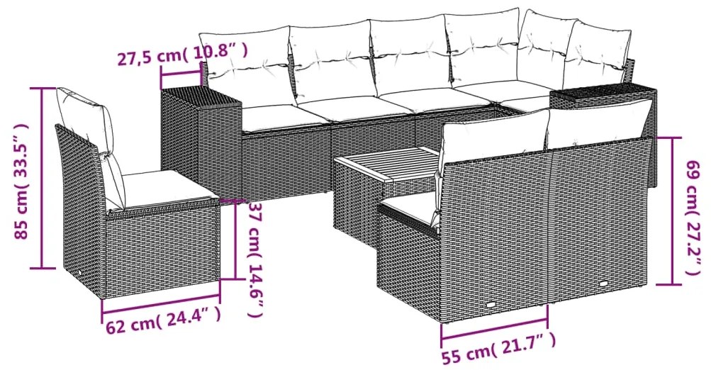 9 pcs conjunto de sofás p/ jardim com almofadões vime PE bege