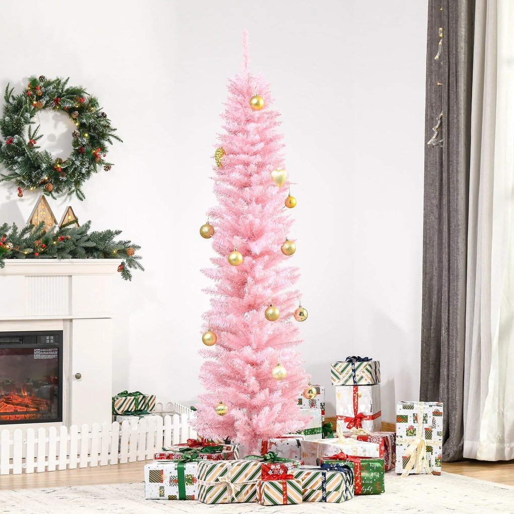 Árvore de Natal Artificial 180cm Ignífugo com 390 Ramos de PVC e Suporte de Metal Decoração de Natal para Interiores Fácil de Montar Rosa
