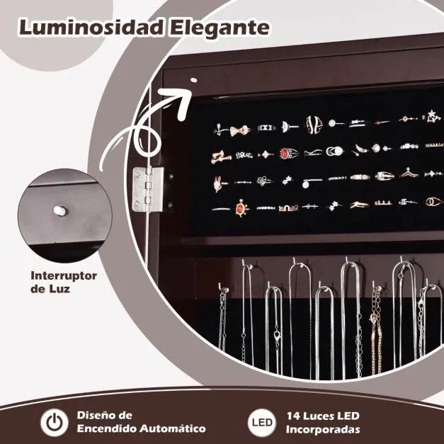 Armario com espelho para Joias com 14 luzes LED e 2 gavetas ajustáveis em 4 ângulos Ideal para o quarto 41,5 x 37 x 160 cm Castanho