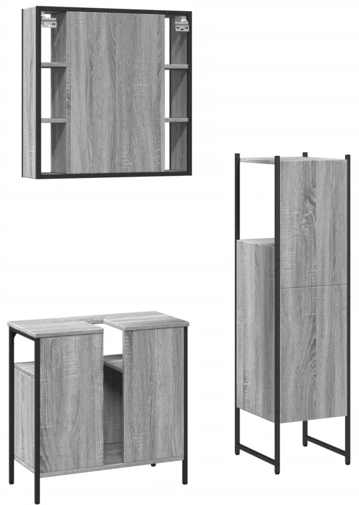 3 pcs conjunto móveis WC derivados de madeira cinzento sonoma