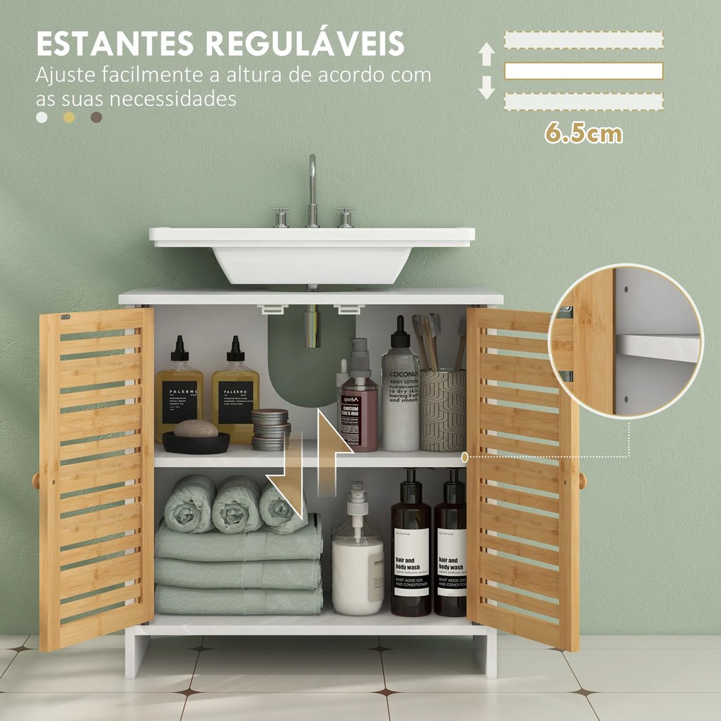 Móvel para Lavatório Moderno com Portas Magnéticas de Bambu e Estante Ajustável 60x30x60 cm Branco e Madeira
