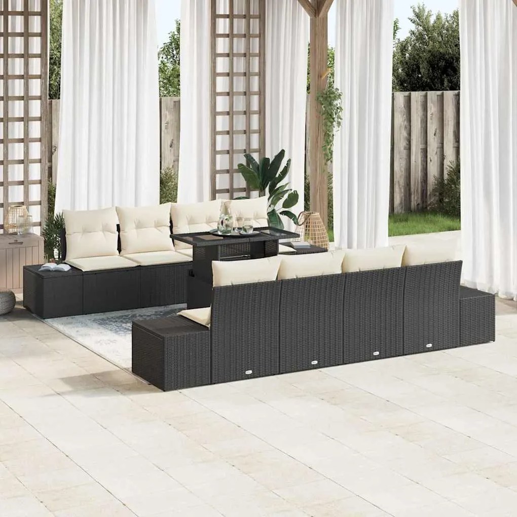 vidaXL Conjunto de Sofá de Jardim de 9 Peças com Almofadas em Rattan Sintético Preto