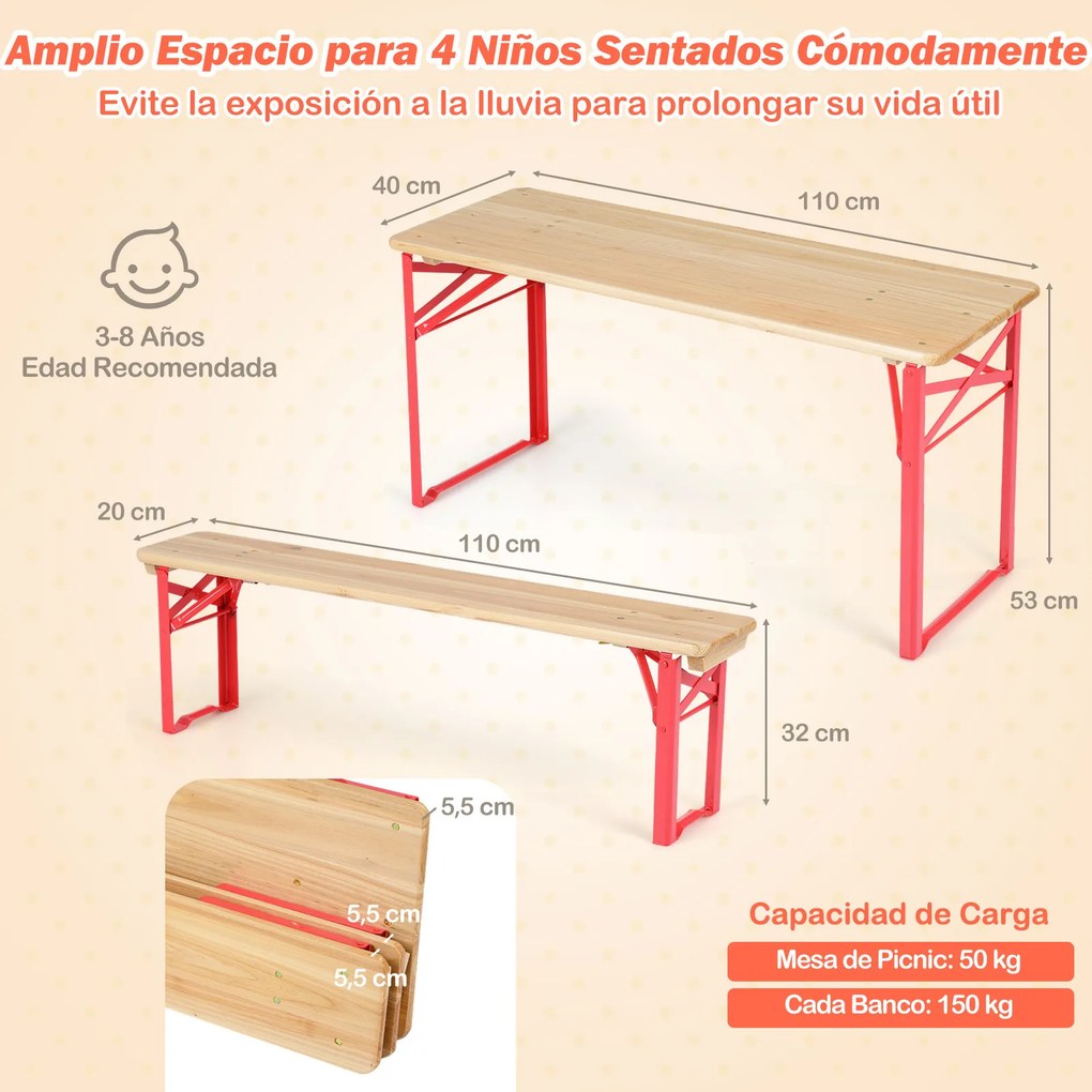 Conjunto de mesa e 2 bancos dobráveis para crianças, com tampo em madeira de abeto e estrutura metálica, para piqueniques de 4 pessoas, idades entre o