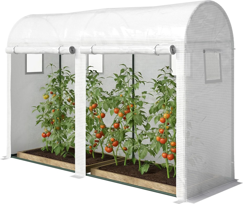Estufa de jardim  300 x 100 x 200 cm, pequena estufa de varanda em lona de PE com estrutura de aço, portas e janelas de enrolar, branca