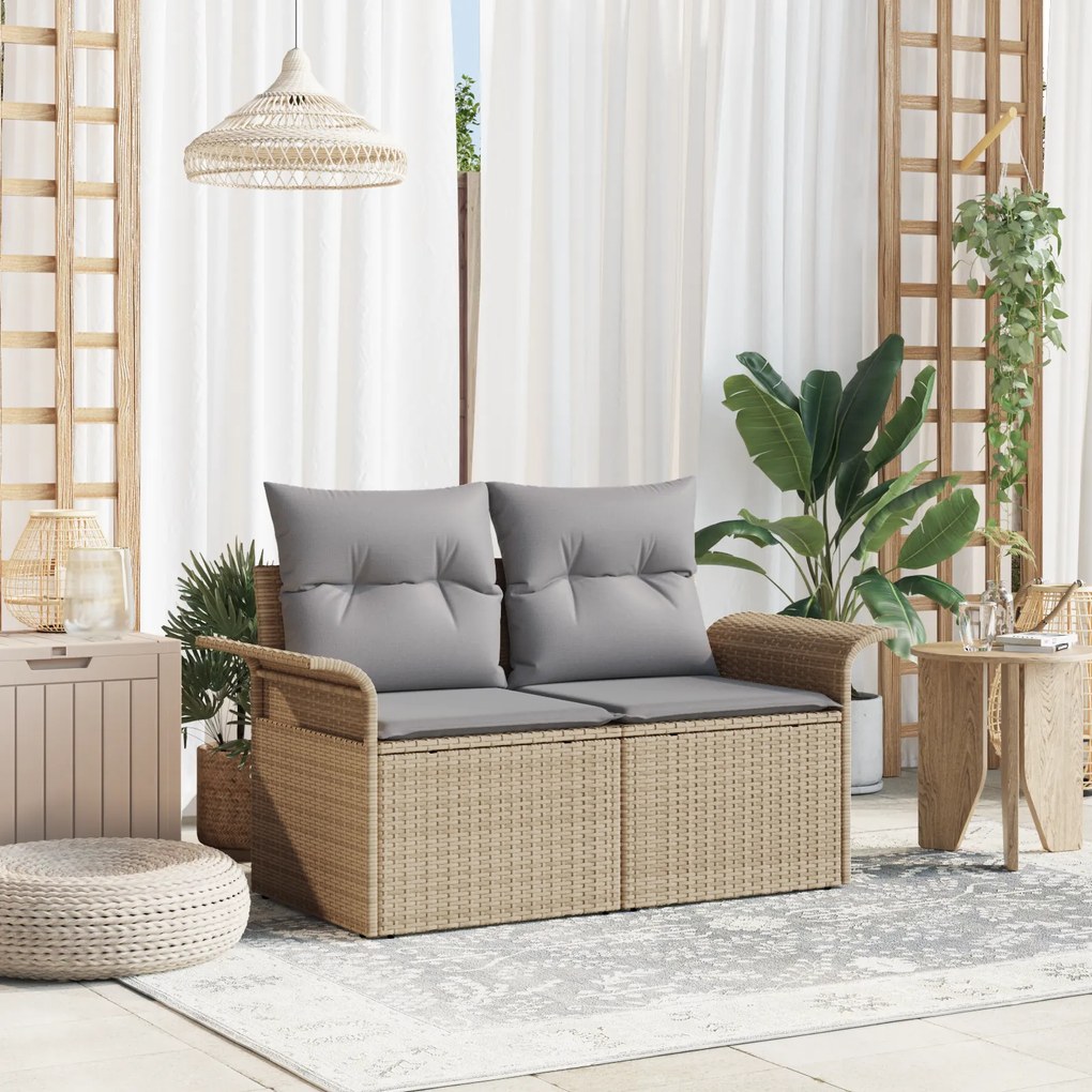 Sofá de Jardim 2 Lugares com Almofadas Bege em Rattan