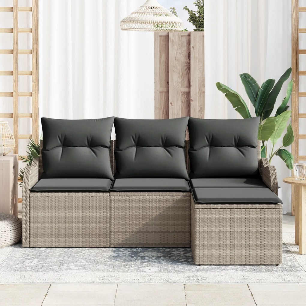 Conjunto de Sofá de Jardim 4 Peças com Almofadas Cinzento Claro Rattan