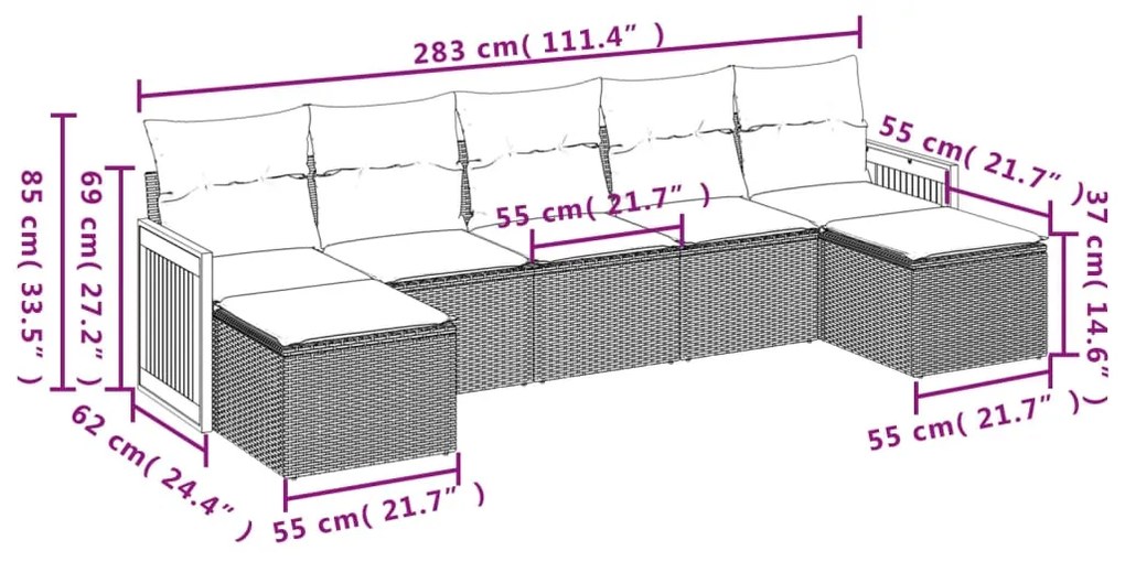 7 pcs conjunto de sofás p/ jardim c/ almofadões vime PE preto