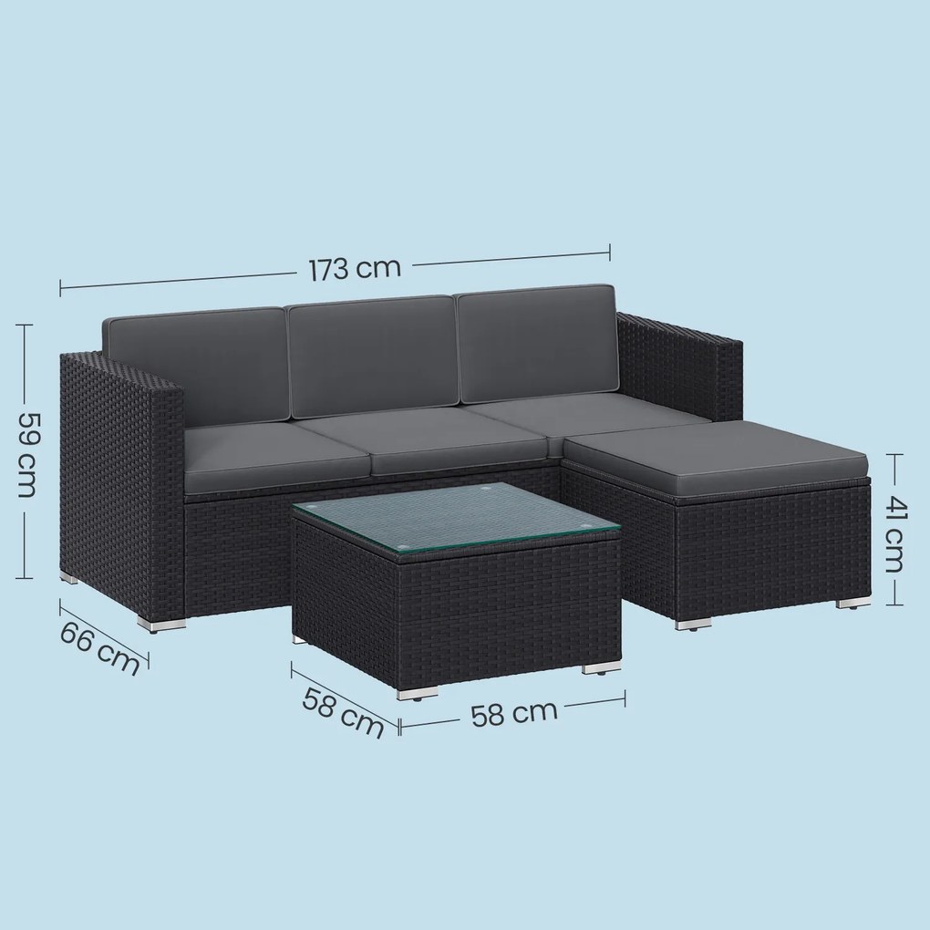 Conjunto de móveis de jardim, mobiliário de pátio em Polyrattan, mobiliário de varanda com almofadas e mesa de vidro Preto-cinzento