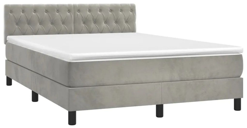 Cama box spring c/ colchão/LED 140x200 cm veludo cinzento-claro