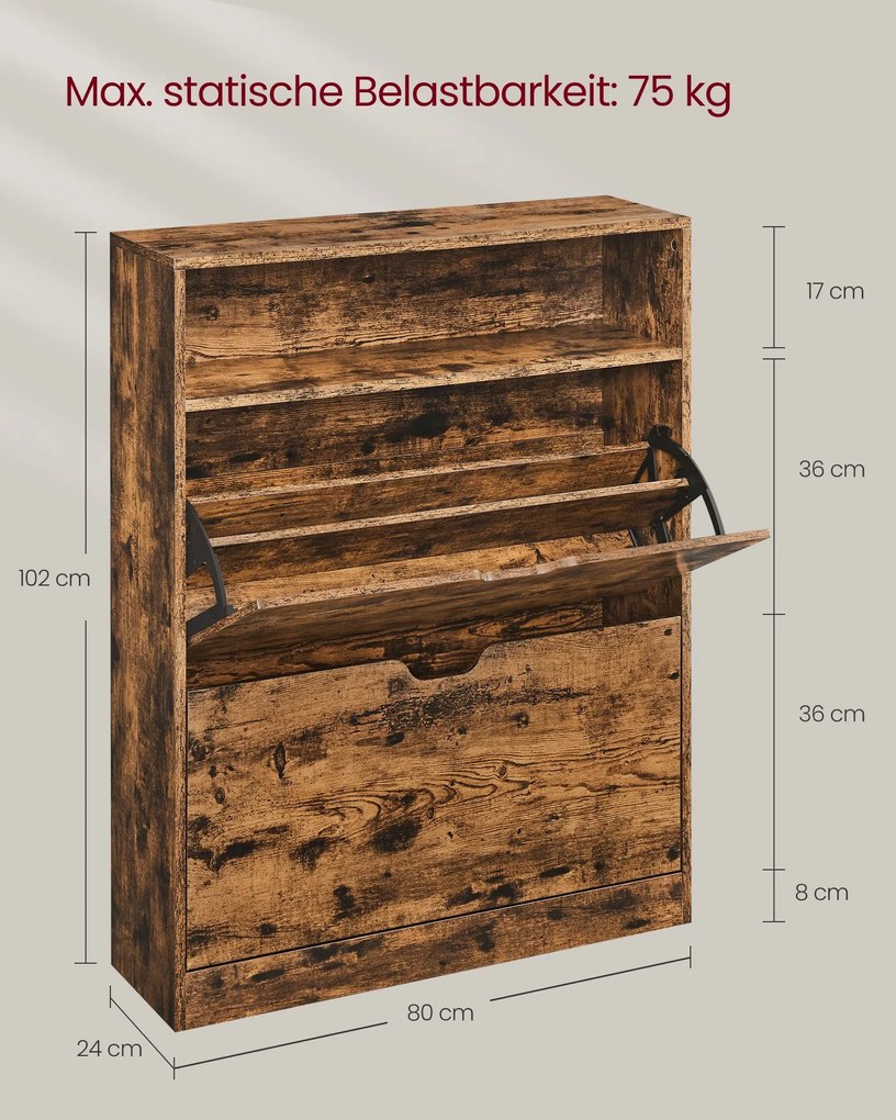Sapateira 2 abas compartimento aberto 24 x 80 x 102 cm castanho vintage