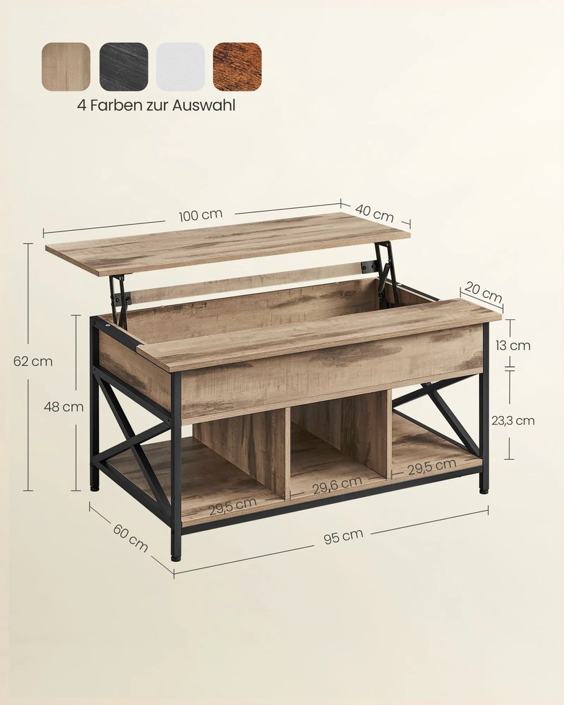 Mesa de centro ajustável em altura para sala de estar 60 x 100 x (48-62) castanho-preto