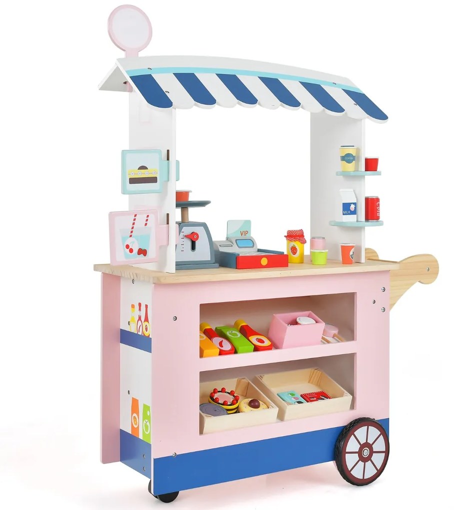 Carrinho brincar de comida e snacks para crianças 3+ anos com máquina POS Estante para bebidas Área de exposição Rodas