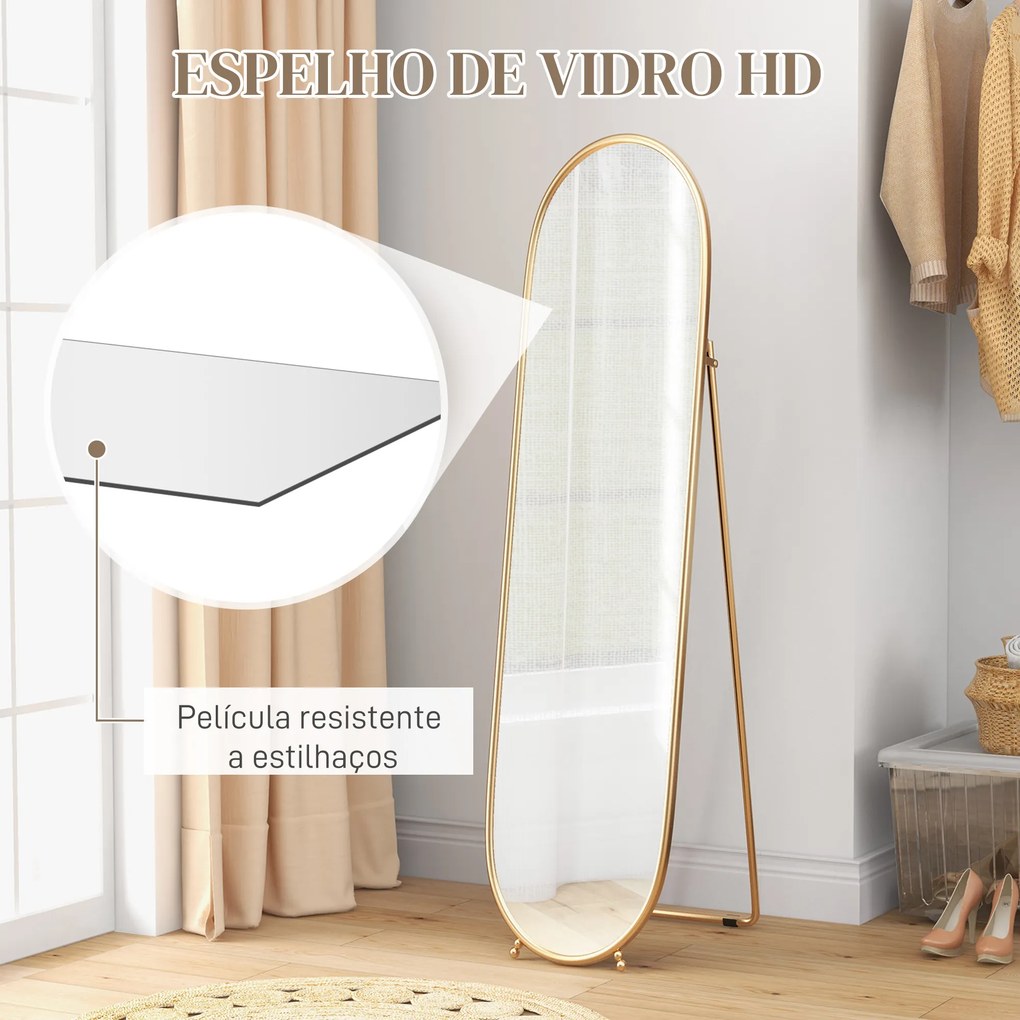 Espelho de Pé Oval 160x40 cm Espelho de Corpo Inteiro com Moldura Metálica Suporte e 2 Formas de Utilização Dourado