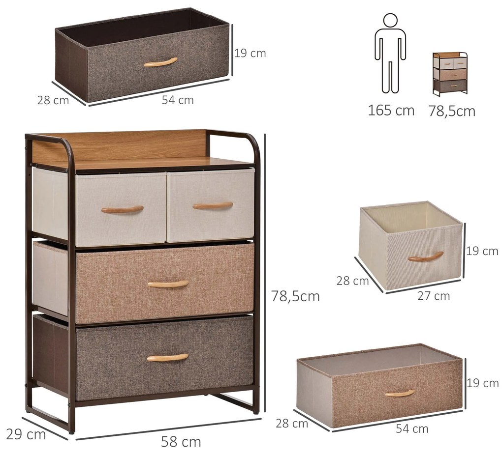 Cómoda de Tecido com 4 Cestos Removíveis e Dobráveis Base Elevada Móvel de Armazenamento 58x29x78,5 cm Multicor