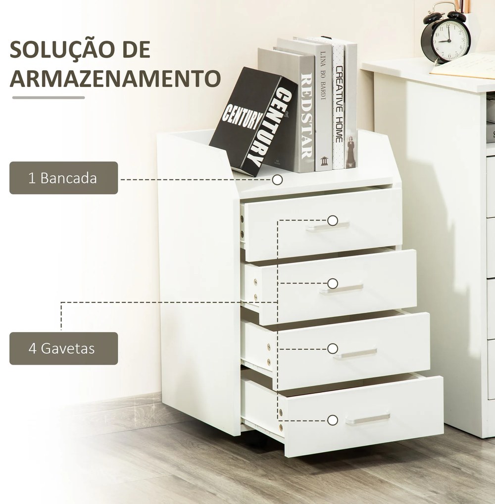 Bloco de Gavetas Móvel Auxiliar com 4 Gavetas Bancada Superior de Armazenamento 4 Rodas e 2 Freios para Estúdio Escritório 40x36x65cm Branco